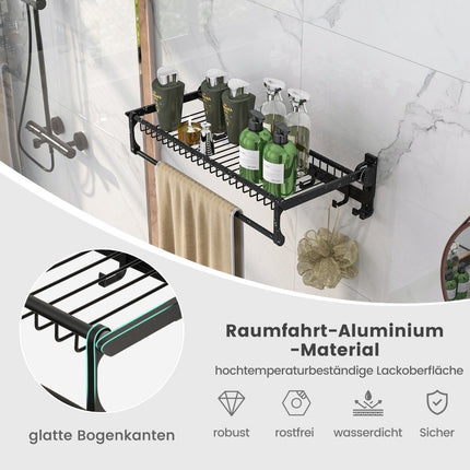 Folding towel holder with adjustable towel rail and movable hook towel rack