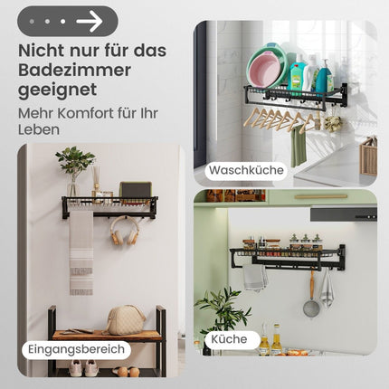 Folding towel holder with adjustable towel rail and movable hook towel rack
