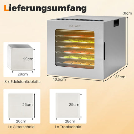 Sušička potravin, 8 pater, časovač 48H, 35–75C, stříbrná