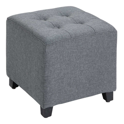 Gray linen ottoman footstool, wooden legs, 35 cm cube