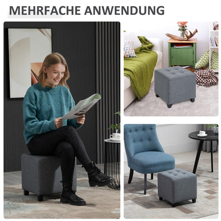 Gray linen ottoman footstool, wooden legs, 35 cm cube