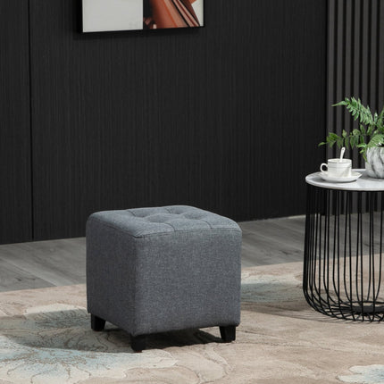 Gray linen ottoman footstool, wooden legs, 35 cm cube