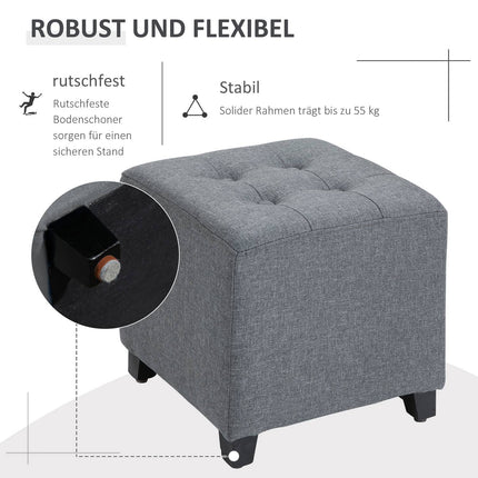 Gray linen ottoman footstool, wooden legs, 35 cm cube