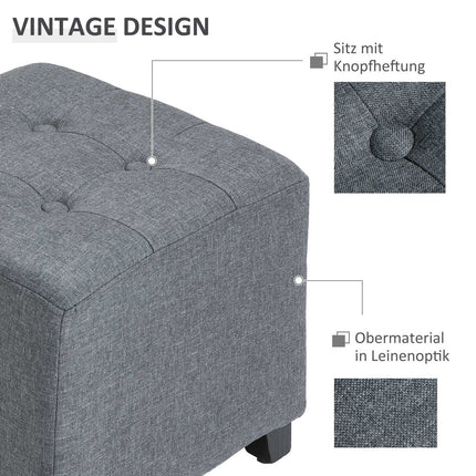 Gray linen ottoman footstool, wooden legs, 35 cm cube