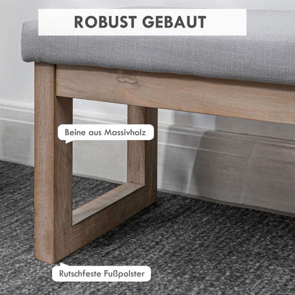 Grauer Fußhocker in Leinenoptik mit Holzfüßen - 68x38x42 cm