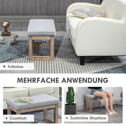 Grauer Fußhocker in Leinenoptik mit Holzfüßen - 68x38x42 cm