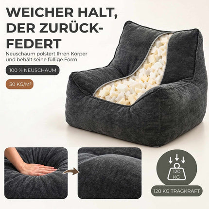 Frameless Floor Chair with Ottoman and Backrest, Chenille, Armrests, Dark Grey