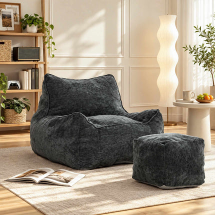 Frameless Floor Chair with Ottoman and Backrest, Chenille, Armrests, Dark Grey