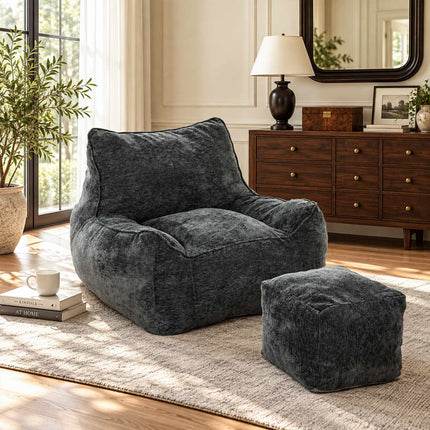 Frameless Floor Chair with Ottoman and Backrest, Chenille, Armrests, Dark Grey