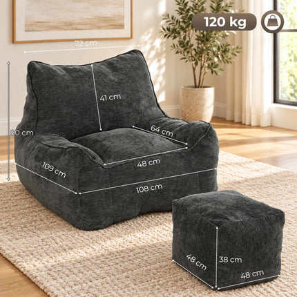 Frameless Floor Chair with Ottoman and Backrest, Chenille, Armrests, Dark Grey