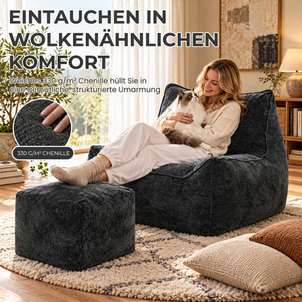 Frameless Floor Chair with Ottoman and Backrest, Chenille, Armrests, Dark Grey