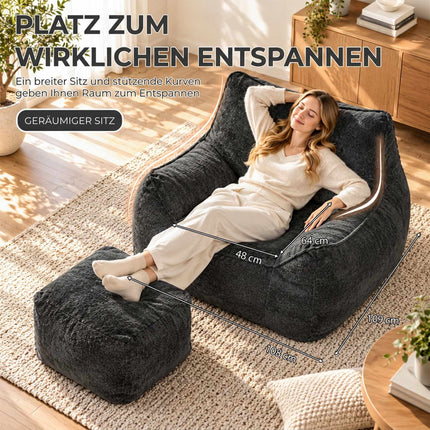 Frameless Floor Chair with Ottoman and Backrest, Chenille, Armrests, Dark Grey