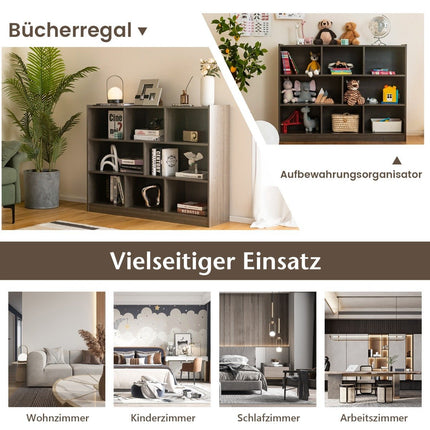 Freistehendes offenes Bücherregal mit 3 Ebenen und 8 Würfeln, Mehrzweckschrank mit rutschfester Basis, Grau