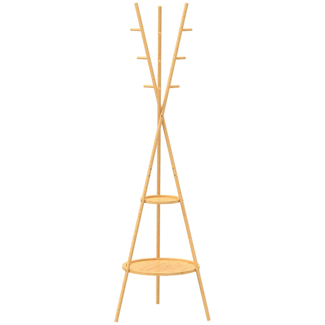 Freestanding Bamboo Coat Rack, 9 Hooks, 2 Shelves, Natural