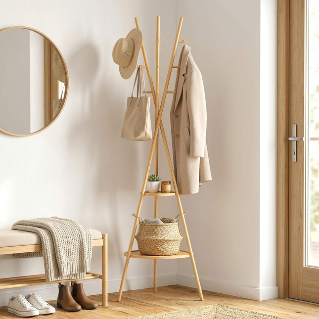 Freestanding Bamboo Coat Rack, 9 Hooks, 2 Shelves, Natural