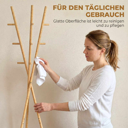Freistehender Bambus-Kleiderständer, 9 Haken, 2 Ablagen, Natur