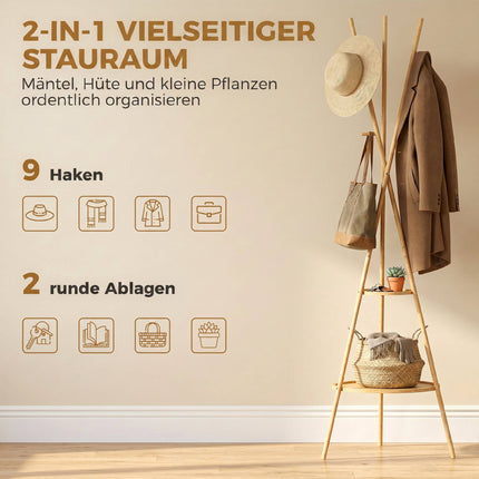Freistehender Bambus-Kleiderständer, 9 Haken, 2 Ablagen, Natur