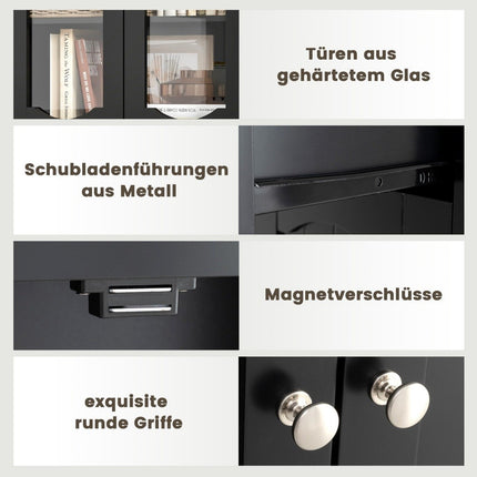 Freistehender Badezimmerschrank, Schwarz, 4 Türen & Schublade, 160cm