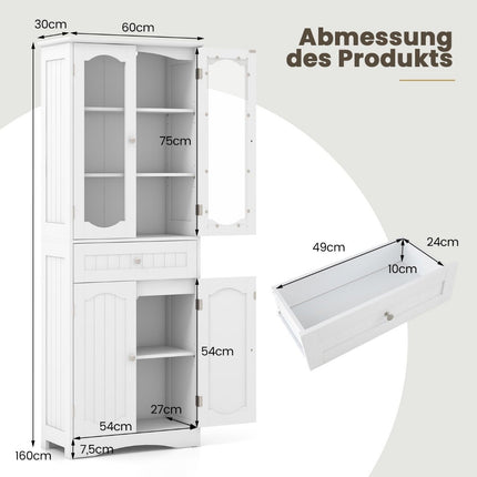 Freistehender Badezimmerschrank mit 4 Türen und Schublade, Weiß
