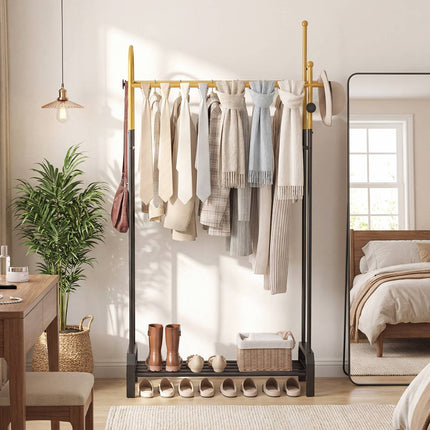 Freestanding Clothes Rack with Double Rods and Hooks