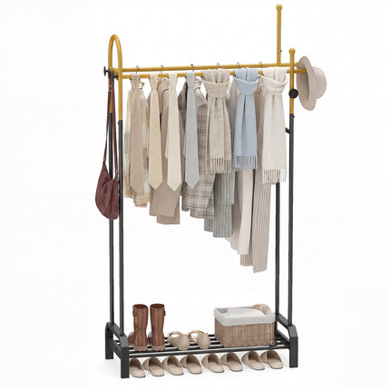 Freestanding Clothes Rack with Double Rods and Hooks