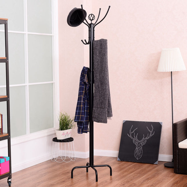 Freestanding Coat Rack, 12 Hooks, Steel Frame, 200 cm
