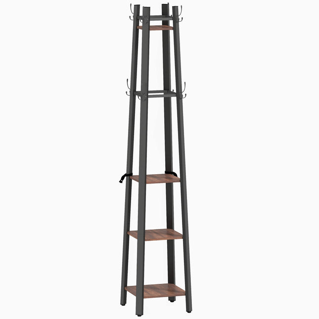 Freestanding Coat Rack, 4 Shelves, 8 Hooks, Industrial Style