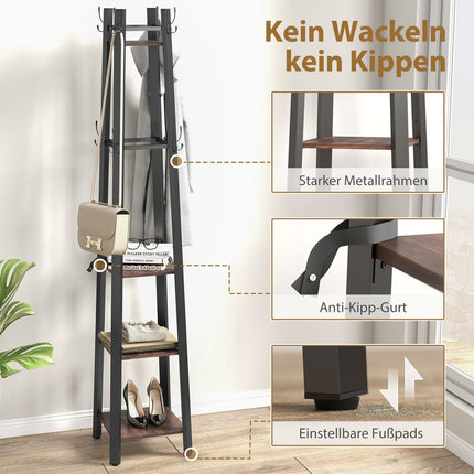 Freistehender Kleiderständer, 4 Ablagen, 8 Haken, Industriestil