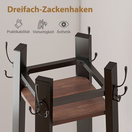 Freistehender Kleiderständer, 4 Ablagen, 8 Haken, Industriestil