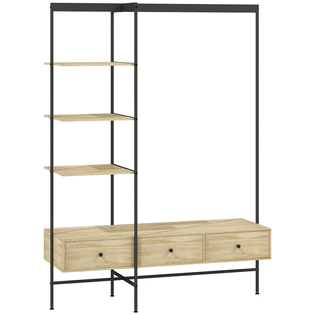 Freestanding Coat Rack with Drawers, Shelves, Hanging Rail