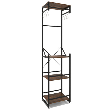 Freestanding Coat Rack with Shelves and Hooks, Brown