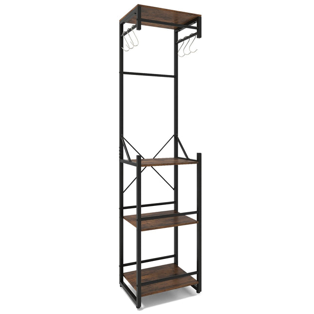 Freestanding Coat Rack with Shelves and Hooks, Brown