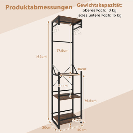 Freestanding Coat Rack with Shelves and Hooks, Brown