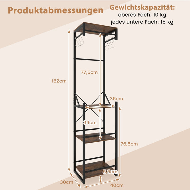 Freestanding Coat Rack with Shelves and Hooks, Brown