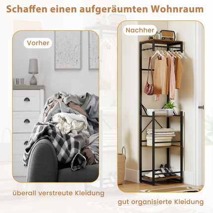 Freestanding Coat Rack with Shelves and Hooks, Brown