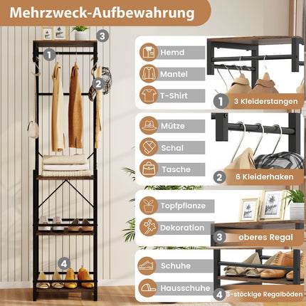Freestanding Coat Rack with Shelves and Hooks, Brown