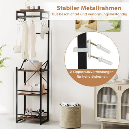 Freestanding Coat Rack with Shelves and Hooks, Brown