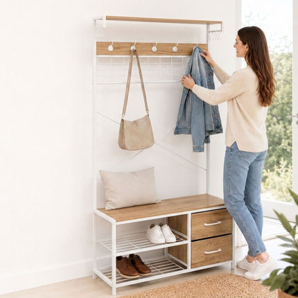 Freestanding Coat Rack with Shoe Shelves and Drawers
