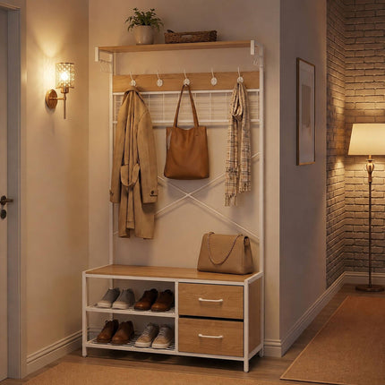 Freestanding Coat Rack with Shoe Shelves and Drawers