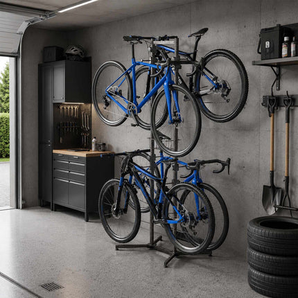 Freestanding E-Bike Rack with Basket, Adjustable Arms