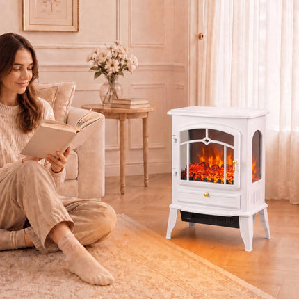 Freestanding Electric Fireplace with 3-Sided Panorama View, 1000/2000W, White