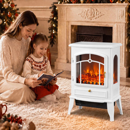 Freestanding Electric Fireplace with 3-Sided Panorama View, 1000/2000W, White