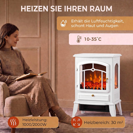 Freestanding Electric Fireplace with 3-Sided Panorama View, 1000/2000W, White