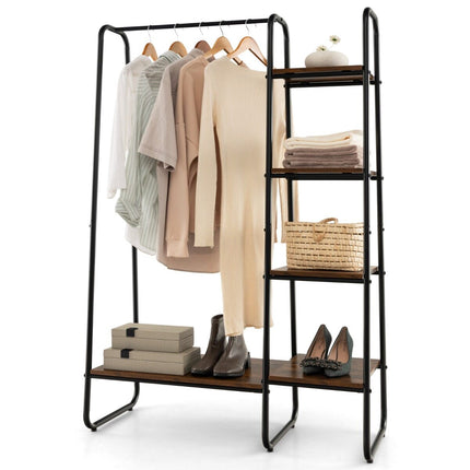 Freestanding Garment Rack with 5-Tier Shelves, Hanging Rod, Rustic Brown/Black