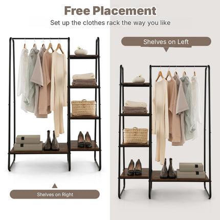 Freestanding Garment Rack with 5-Tier Shelves, Hanging Rod, Rustic Brown/Black