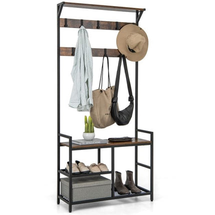Freestanding Hall Tree with Shoe Bench, 9 Removable Hooks
