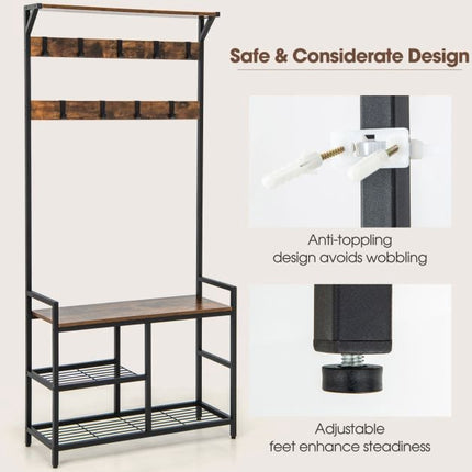 Freestanding Hall Tree with Shoe Bench, 9 Removable Hooks