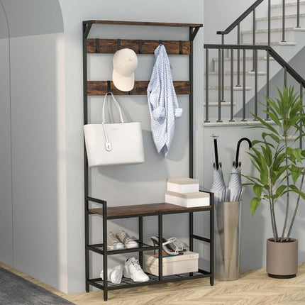 Freestanding Hall Tree with Shoe Bench, 9 Removable Hooks
