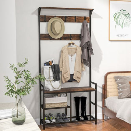 Freestanding Hall Tree with Shoe Bench, 9 Removable Hooks