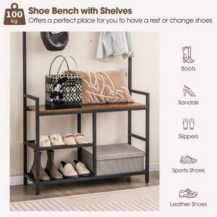 Freestanding Hall Tree with Shoe Bench, 9 Removable Hooks